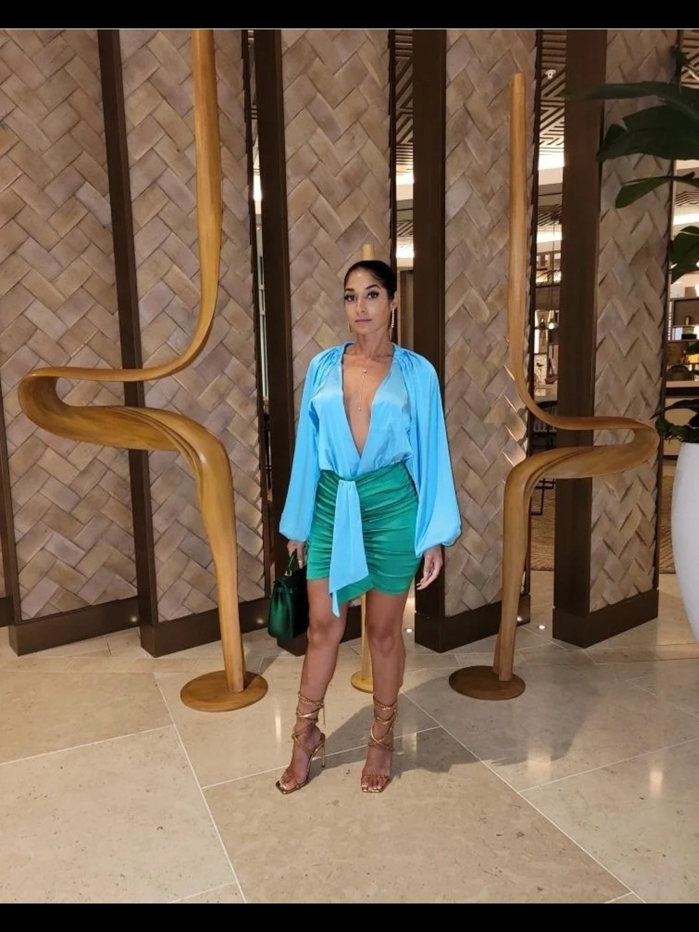 Fashion Nova Turquoise Blue Satin Tie-Front Two Piece Set.